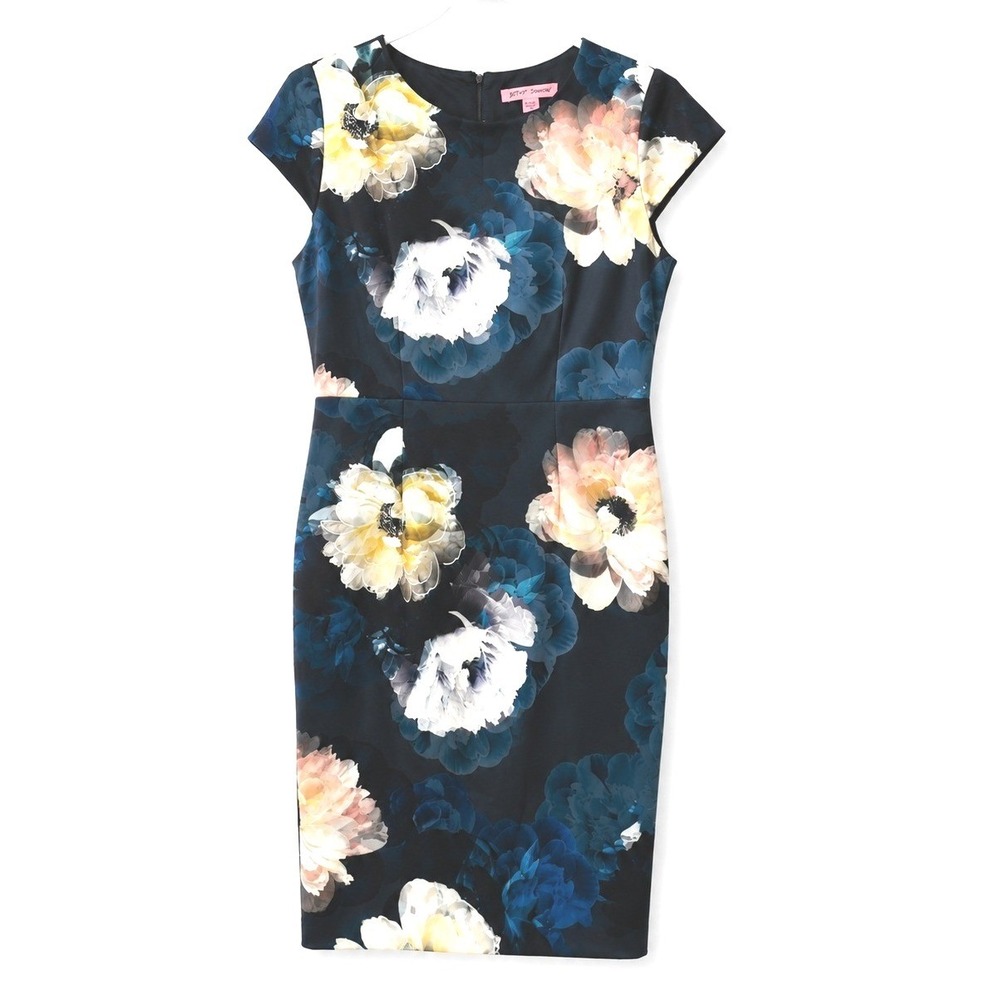 Betsey Johnson Floral Cap Sleeve Sheath Dress Blue Pink Size 10 Business Casual